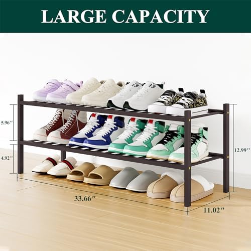 Smiry Bamboo Shoe Rack, 16 Vertical Slats, 2 Tier - 33.7" Wide, Brown - Image 2