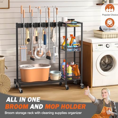 Broom Holder with Cleaning Supplies Organizer, Broom Closet Storage Cabinet with Cleaning Caddy, Cleaning Cart with Mop Hanger Gripper Rack Hooks,Janitorial Housekeeping cart,Laundry Room Organization - Image 2