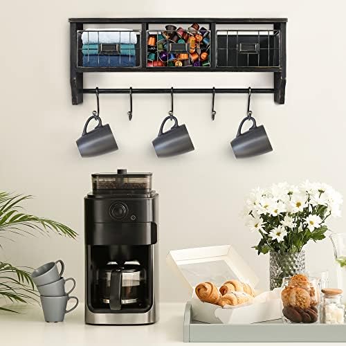 HBCY Creations Wall Mounted Shelf with Coat Hooks and Baskets, Solid Wood Entryway Organizer Wall Shelf with Hooks - Hang Coats, Keys or Coffee Mugs, Rustic Blackwash 24" Wide - Image 6
