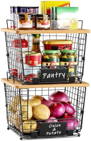 2 Set Large Stackable Wire Basket with Bamboo Tops & Tag- Pantry Organizer and Storage Bins, Kitchen Counter Cabinet Shelf Countertop Under Sink Organizing for Food Snack Produce Onion Potato Bread by AOZITA