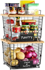 2 Set Large Stackable Wire Basket with Bamboo Tops & Tag- Pantry Organizer and Storage Bins, Kitchen Counter Cabinet Shelf Countertop Under Sink Organizing for Food Snack Produce Onion Potato Bread by AOZITA