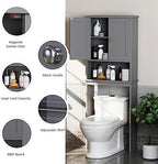 Over the Toilet Storage Cabinet, Bathroom Storage Cabinet Over Toilet with 2 Wood Doors, Freestanding Space Saver, Adjustable Shelf & Open Shelf, Grey - Image 4