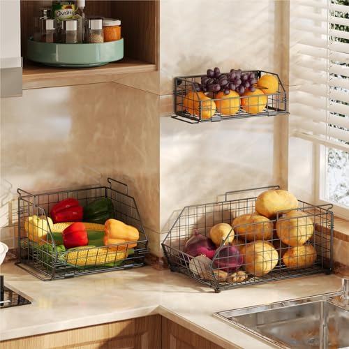 3-Tier Fruit Basket for Kitchen Counter, Stackable Wire Baskets Wall, Potato and Onion Storage Bins, Pantry Organizers, Pantry Storge and Storage for Potato, Onion, Produce, Fruit, Vegetable, Snack - Image 2