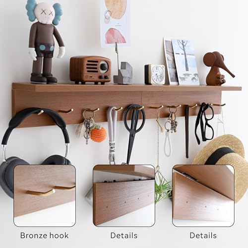 Marine Plywood Wall Mounted Coat Rack with Shelf & Key Hooks, 5 Brass Hooks Entryway Organizer, Modern Floating Shelf for Bedroom Hallway, Space-Saving Home Storage Rack (2, Teak Finish) - Image 3