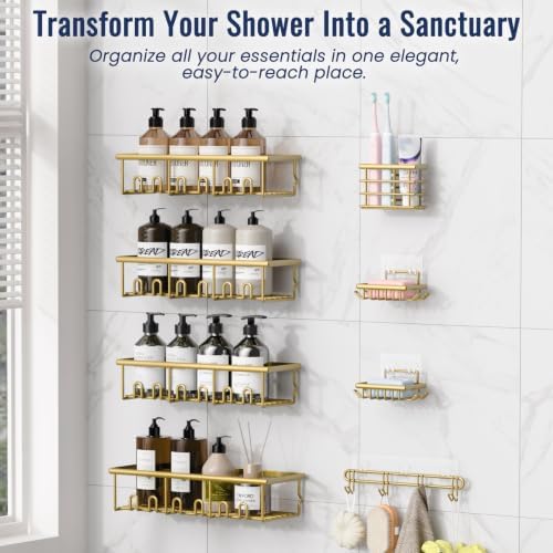 8 Pack Adhesive Large Capacity No-Drilling Shower Caddy, Gold - Image 4