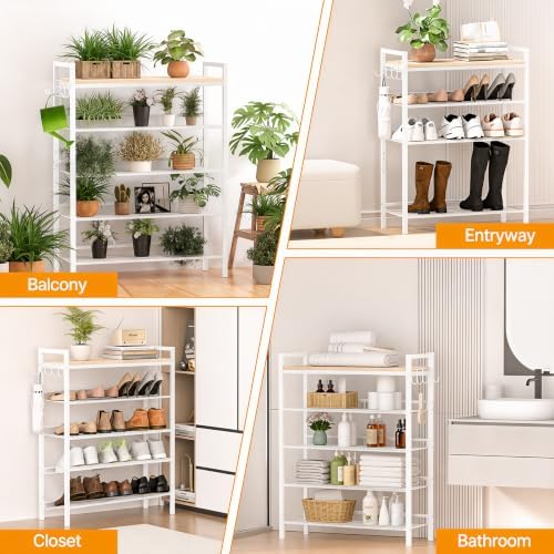 5 Tier Shoe Rack, Shoe Rack for Entryway with Hook, Shoe Organizer with Adjustable Mesh Shelves, Metal Shoe Storage, Closet, Bedroom Living Room Garage - Image 6