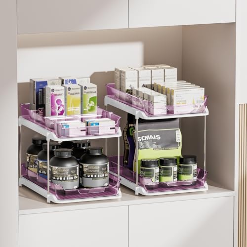 Delamu 2-Tier Multi-Purpose Bathroom Under Sink Organizers and Storage, Stackable Kitchen Pantry Organization, Pull Out Medicine Cabinet Organizer with Movable Dividers, Purple, 2 Pack - Image 6