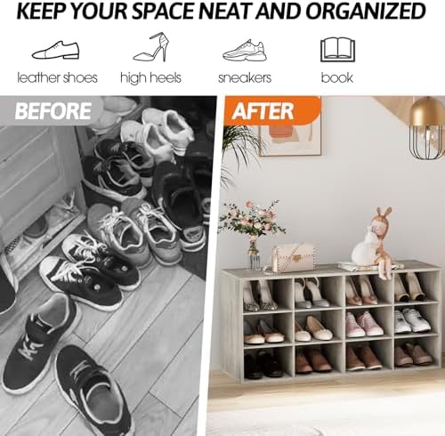 Garden 4 you Shoe Storage Bench, Cubby Shoe Rack with 12 Cubbies, 3-Tier Wood Shoe Rack Organizer, Shoe Organizer Cabinet for Entryway, Hallway, Closet and Garage, Grey - Image 6