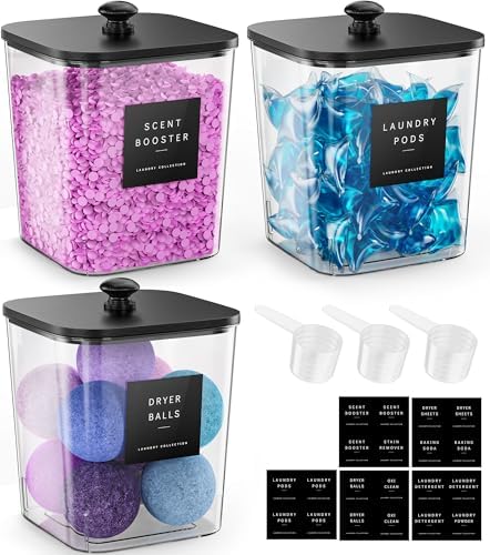 Moforoco 3 Pcs Laundry Pods Container, Clear Laundry Room Organization Containers,Large Detergent Powder Storage, Black Wooden Lids & Labels by MOFOROCO