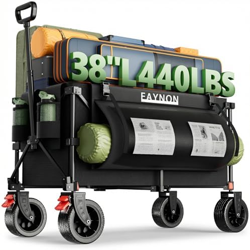 EAYNON 38" L Collapsible Foldable Extended Wagon,440lbs Weight Capacity with 220L Heavy Duty Folding Cart, Utility Wagon with Side Storage Pockets& Drink Holders,Black by EAYNON