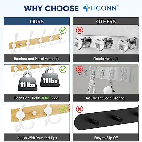TICONN Wall Mounted Coat Rack, Five Heavy Duty Tri Hooks All Metal Construction for Jacket Coat Hat in Mudroom Entryway (Wood White, 2-Pack) - Image 3