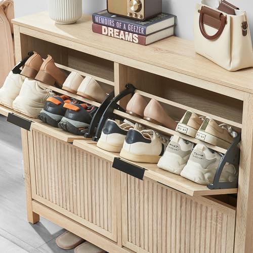 4-Flip Drawer Shoe Cabinet Narrow Entryway Rack, Oak - Image 3