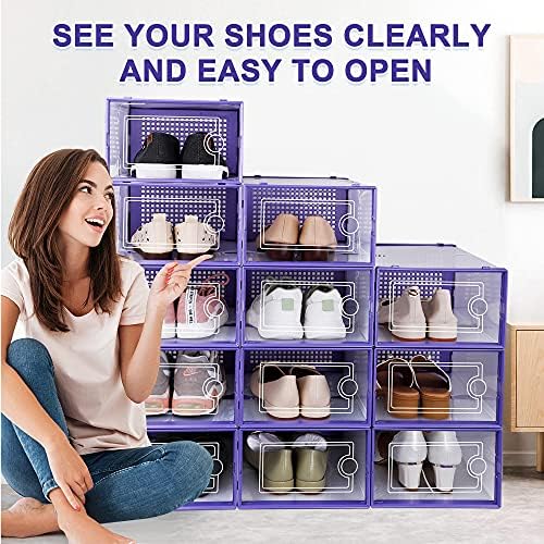 Kuject Large Shoe Organizers Storage Boxes for Closet, 12 Pack Clear Plastic Stackable Storage Bins with Lids, Under Bed Shoe Containers for Entryway, Drop Front, Fit up to Women's Size 10,Purple - Image 6