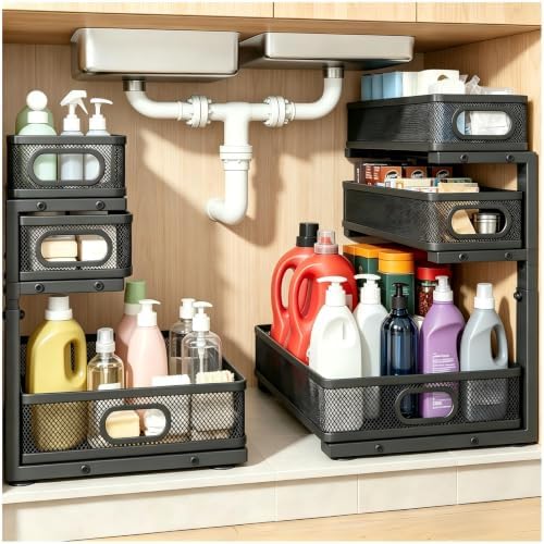 2 Pack Bathroom Under Sink Organizer, 3-Tier Pull Out Kitchen Cabinet Organizer with 5 Adjustable Heights Metal Slide Out Storage Makeup Drawer Rack for Bedroom Office Pantry Home Organization, Black by EGBULL