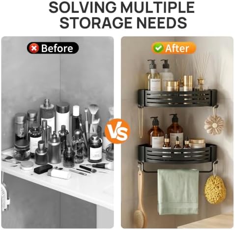 Black Adhesive Triangle Shower Caddy with Towel Bar, Soap Dish and Hooks - Image 5