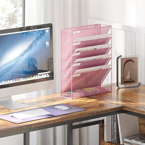 EasyPAG 5 Tier Wall File Holder, Mesh Hanging Folder Organizer with Classify Label, Versatile Desk File Holder, Vertical Wall Mounted Mail Organizer for Office Home Cubicle, Pink - Image 4