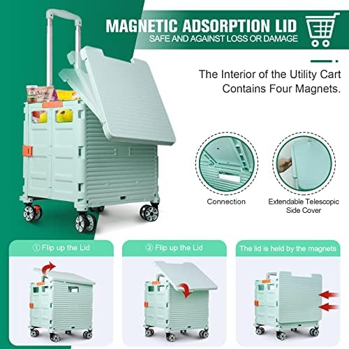 Foldable Utility Cart Folding Portable Rolling Crate with Magnetic Extended Lid,360°Rotate Wheels,176LBS Load Capacity,Heavy Duty Durable Dolly Cart for Teacher Tourist Shopping Office Outdoor - Image 2