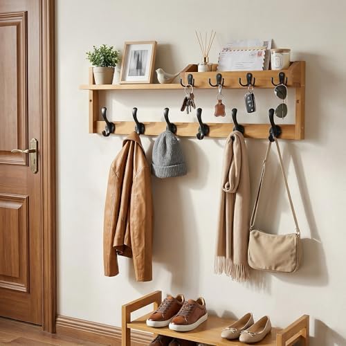 Coat Rack Wall Mount with Shelf, 27.5" Entryway Wall Hanging Shelf, Coat and Key Hanger with 10 Dual Hooks, Mail Organizer and Key Holder Hat Rack for Wall, Wood Coat Hooks with Storage - Image 6