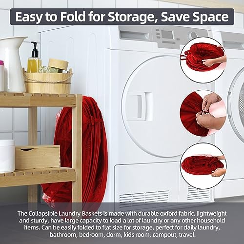 BATTOO Collapsible Laundry Baskets- Foldable Hamper for Laundry Extra Large Pop Up Laundry Hamper 107L with Long Straps Drawstring Clothes Hamper for Bathroom, Campout, Dorm or Travel Red - Image 4