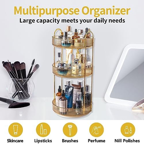 Asayuee 360 Rotating Makeup Organizer for Vanity,3 Tier Large Capacity Vanity Storage,Skincare Perfume Spinning Organizer,Bathroom Cosmetics Storage Makeup Stand Organizer (Gold-3 Tier) - Image 6