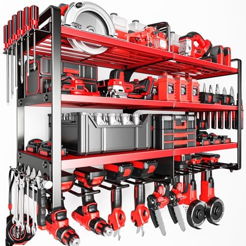 POKIPO Upgrade Large power tool organizer Wall Mount,4 Layers Heavy Duty Metal Loads 400lbs Power Tool Hanger Shelf Battery Storage with 8 Cordless Drill Bit Holder,Utility Racks for Garage Tool Room by POKIPO