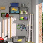 ThreeHio Garage Shelf Wall Mounted with Wire Baskets, Heavy Duty Garage Wall Shelving with Garden Tool Rack and Hooks, Wire Shelf Baskets Tool Organizer for Home Garden Yard Organization and Storage - Image 4