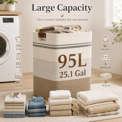 Laundry Hamper, Cotton Rope Laundry Basket with Leather Handles, 25.1-Gallon/95 L Large Clothes Hampers for Laundry, Woven Laundry Baskets for Blankets, Clothing, Bedroom, Living Room, Nursery - Image 6