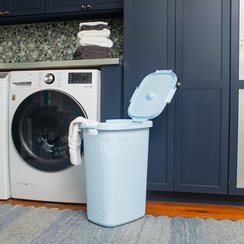 Mind Reader Slim Laundry Hamper with Lid, 60L Tall Clothes Basket, Narrow Tapered Design for Bathrooms, Closets and Laundry Rooms, Plastic, Baby Blue - Image 2