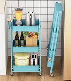 Foldable Rolling Cart 3-Tier Small Foldable Utility Storage Cart Multifunctional Metal Storage Bin Heavy Duty Organizer Carts with Rolling Wheels for Home Office (Turquoise) - Image 6