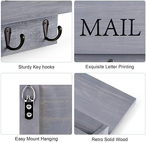 DLQuarts Solid Wood Mail Organizer with Key Holder for Wall, Mail Sorter Wall Mounted, Decorative Wooden Key and Mail Holder with 3 Hooks, Weathered Gray - Image 4