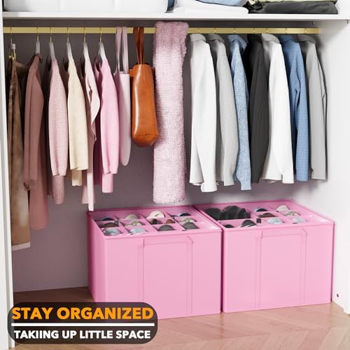 SpaceAid Shoe Organizer for Closet, 2 Pack Foldable Shoe Storage Containers Baskets Boxes Bins w/Adjustable Dividers, Fits 16-32 Pairs, Pink - Image 6