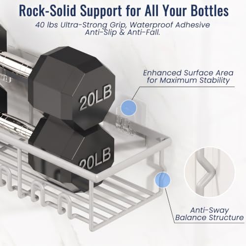 8 Pack Adhesive Rustproof Shower Caddy with Soap Dishes, Toothbrush Holder & Hooks, Large Capacity No-Drilling Shower Shelves Rack for Bathroom Organizers and Storage Accessories, Light Gray - Image 4