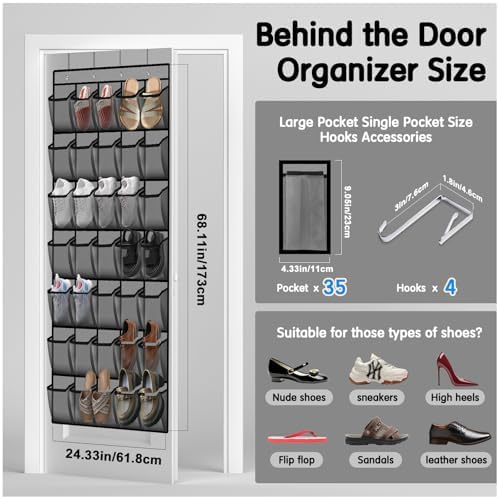 Kotkn 35 Compartment Over The Door Storage - Breathable Mesh Hanging Organizer with Large Pockets, Space Saving Design for Men & Women's Footwear, Closet, Bedroom (Gray) - Image 3