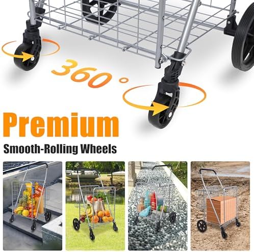 Whitmor Utility Folding Shopping Cart, 115L Heavy Duty Grocery Cart with Double Basket, 360° Swivel Wheels, Foldable Rolling Utility Trolley, 110 Lbs Capacity for Grocery, Laundry, Travel, Sliver - Image 5