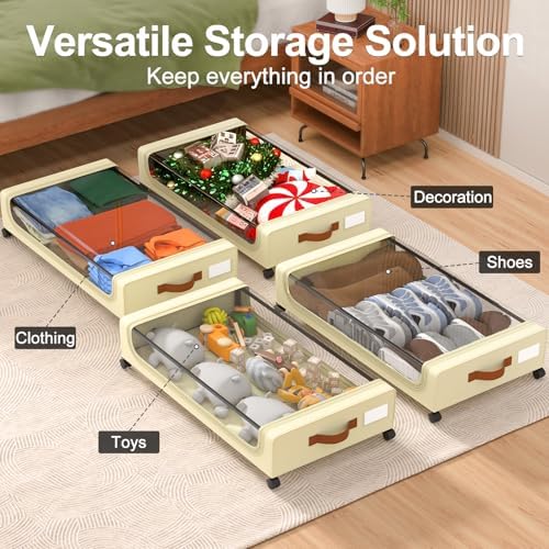 GoMaihe Under Bed Storage with Wheels 48L Beige 4-Pack | Underbed Storage Containers with Lids Rolling Bins for Shoes Clothes in Dorm Bedroom - Metal Drawers Easy Pull-out - Image 6