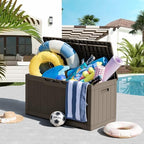 Greesum 100 Gallon Resin Deck Box Large Outdoor Storage, Imitation Rattan Weave Texture for Patio Furniture, Garden Tools, Pool Supplies, Weatherproof and UV Resistant, Lockable, Light Coffee - Image 2