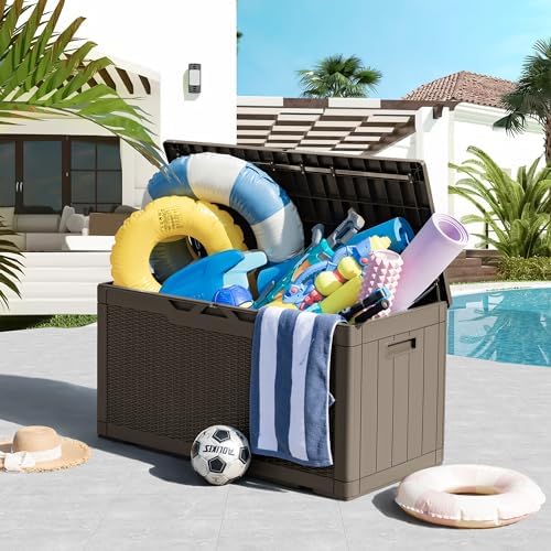 Greesum 100 Gallon Resin Deck Box Large Outdoor Storage, Imitation Rattan Weave Texture for Patio Furniture, Garden Tools, Pool Supplies, Weatherproof and UV Resistant, Lockable, Light Coffee - Image 2