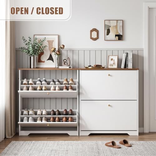 Nicetree Shoe Cabinet, 2 Flip Drawers Slim White Walnut Top Entry Storage - Image 5