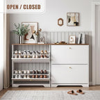 Nicetree Shoe Cabinet, 2 Flip Drawers Slim White Walnut Top Entry Storage - Image 5
