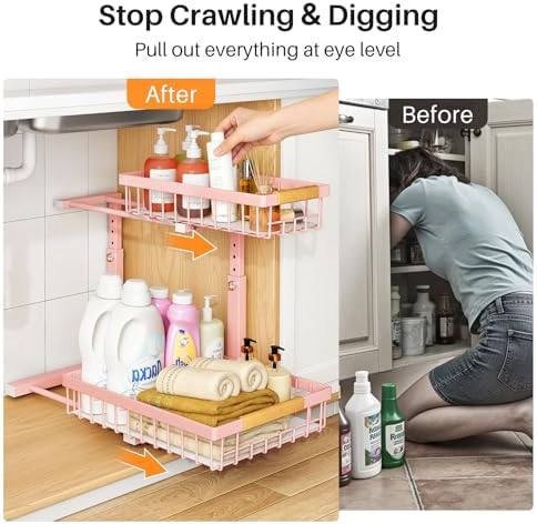 PXRACK Under Sink Organizer, Adjustable Height, 2 Tier Pull Out Under Cabinet Organizer, Slide Out Thickened Metal Under Sink Storage for Kitchen Bathroom Laundry Pantry Cabinet, Pink, Large-2-Pack - Image 3