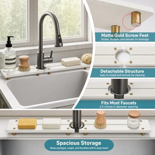 2PCS Stone Faucet Mat for Kitchen Sink, Water Absorbing Sink Tray Organizer for Bathroom Counter, Diatomite Soap Dish Coaster Caddy Riser, Sponge Holder Dispenser Mat, Gold White 23.6" x 4", 1 Set - Image 5