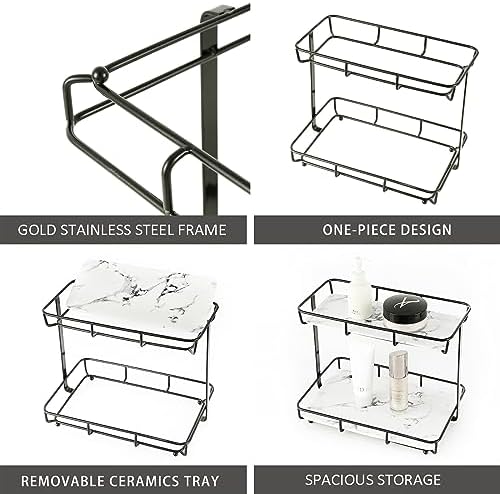 Bathroom Organizer Countertop Perfume Organizer Makeup Organizer Cosmetics Storage Display Rack Vanity Tray Dresser Stainless Steel Gold Shelf White Marble Ceramic Tray (2 Tier L-Black) - Image 4