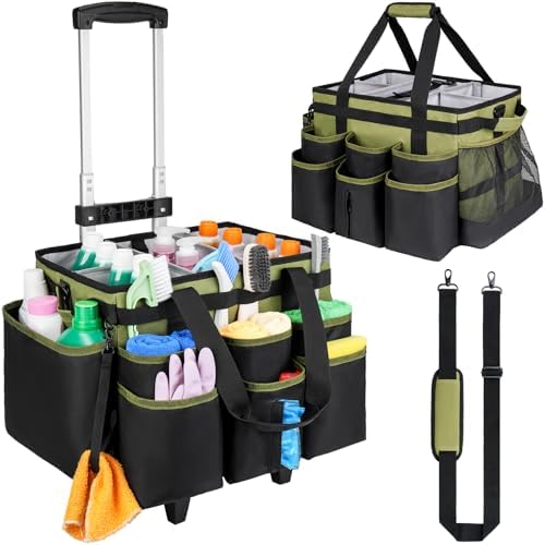 Large Rolling Cleaning Caddy Bag with Detachable Trolley,Cleaning Cart on Wheels with Shoulder Strap,Cleaning Supplies Organizer for Housekeepers,Green by ZIOZERTT