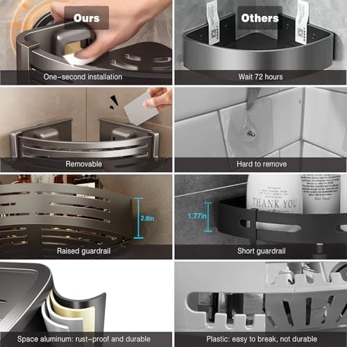Voldra Shower Caddy Suction Cup, 1 Pack Shower Shelves for Inside Shower No Drilling, Aluminum Suction Showers Organizer with Towel Bar & Hooks Removable Bathroom Shelf Storage Rack(Gray) - Image 4