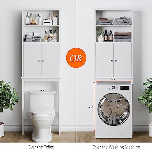 Extra Tall Over The Toilet Storage Cabinet for Bathroom, 75in Storage Organizer Over Toilet with Adjustable Shelf, Space Saver with Open Shelf, White - Image 4