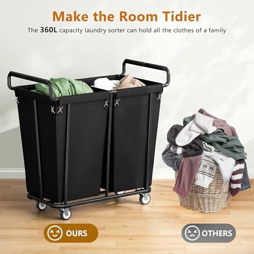 Gewudraw Heavy Duty Laundry Hamper with Wheels 2 Section, 360L, Black - Image 3