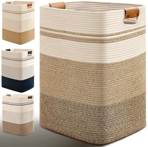 Laundry Hamper, 95L Tall Laundry Basket with Leather Handles, Rectangle Large Clothes Hamper for Organizing, Cotton Woven Laundry Baskets Storage Hampers for Bedroom, Nursery, Living Room by Degeyoyo