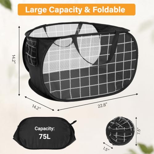 Collapsible Laundry Baskets with Side Pocket, Mesh Pop Up Clothes Hamper for Laundry, Foldable Laundry Basket Storage Hamper with Reinforced Handles for Clothes, Toys, Home, Dorm -Grid Print, Black - Image 3