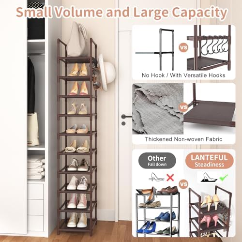 LANTEFUL Tall Shoe Rack 10-Tier Narrow Shoe Shelf Storage for 10-15 Pairs Shoe and Boot, Sturdy Shoe Storage Space Saving Corner Shoe Rack Organizer for Closet, Entryway, Living Room, Brown - Image 6
