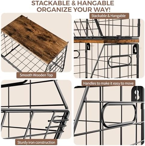 Delamu Stackable Metal Fruit Basket with Wood Lid 3 Pack, Hanging Wall Organizer for Kitchen Counter, Pantry Storage for Onions, Potatoes, Garli, Fruits, Spices, Black - Image 7